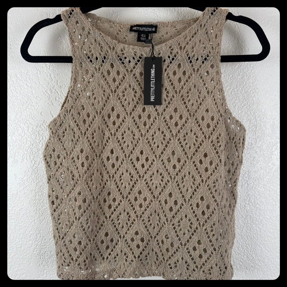 PRETTYLITTLETHING Boho Beige Crochet Knit‎ Tank Top Sleeveless Burnout Festival